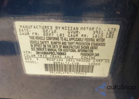 2012 Nissan Sentra 2.0 S z USA, uszkodzony, nr VIN 3N1AB6AP8CL700663